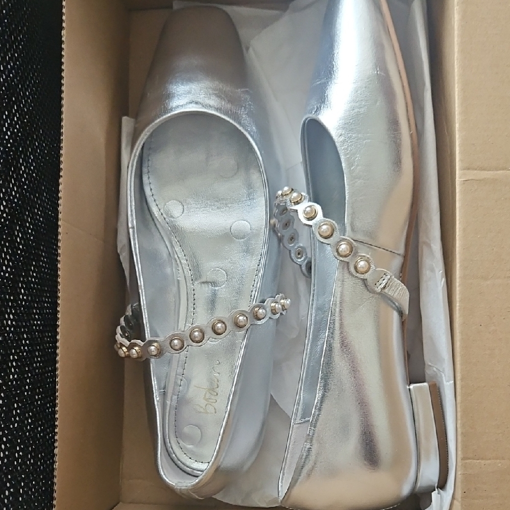 BODEN Silver Mary Janes Flats with Pearl Strap